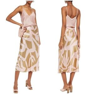 New! Lee Mathews Bella Printed Silk-Satin Pink and Tan Midi Skirt 🤍 size 0